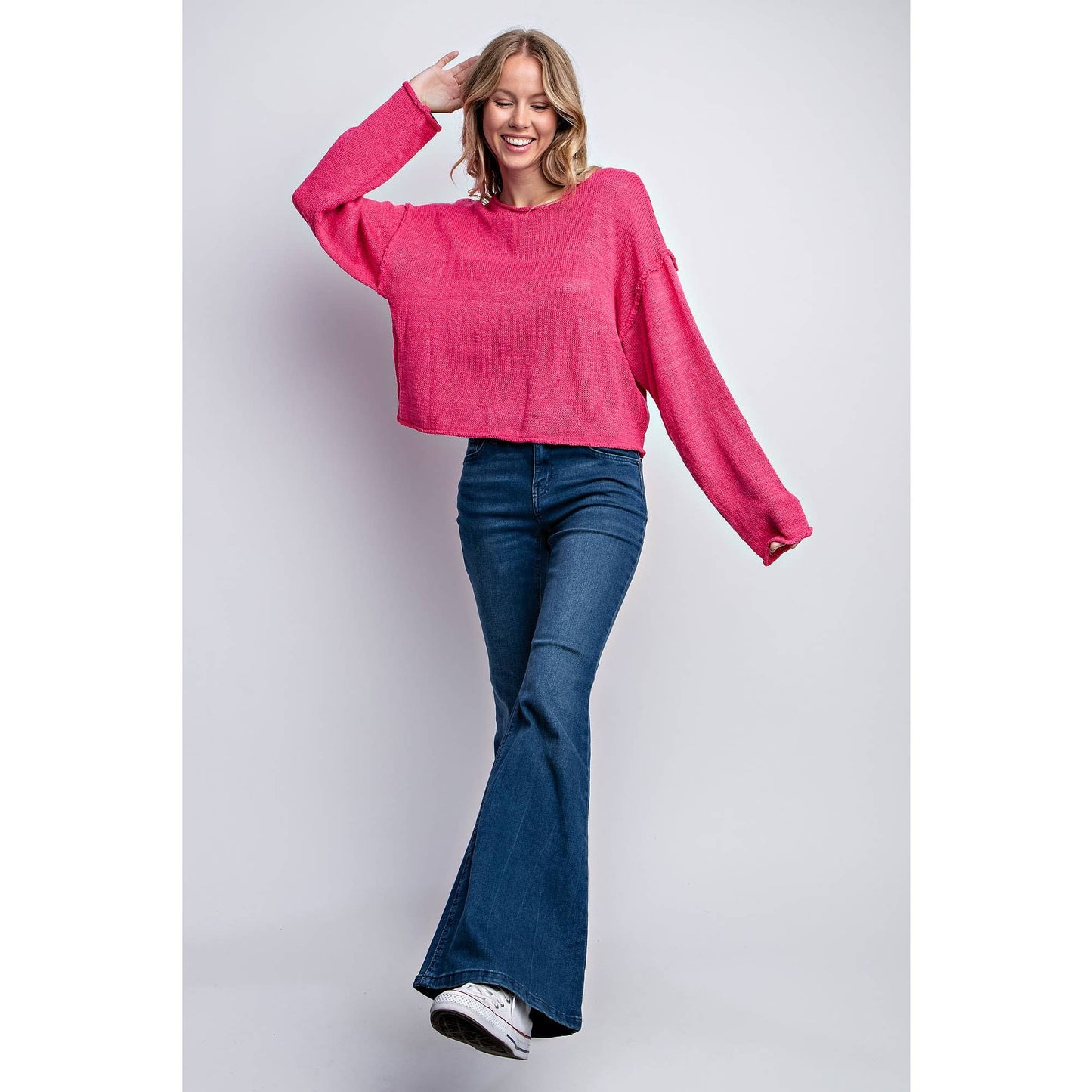 LOOSE FIT PULL OVER KNIT SWEATER TOP: FUCHSIA