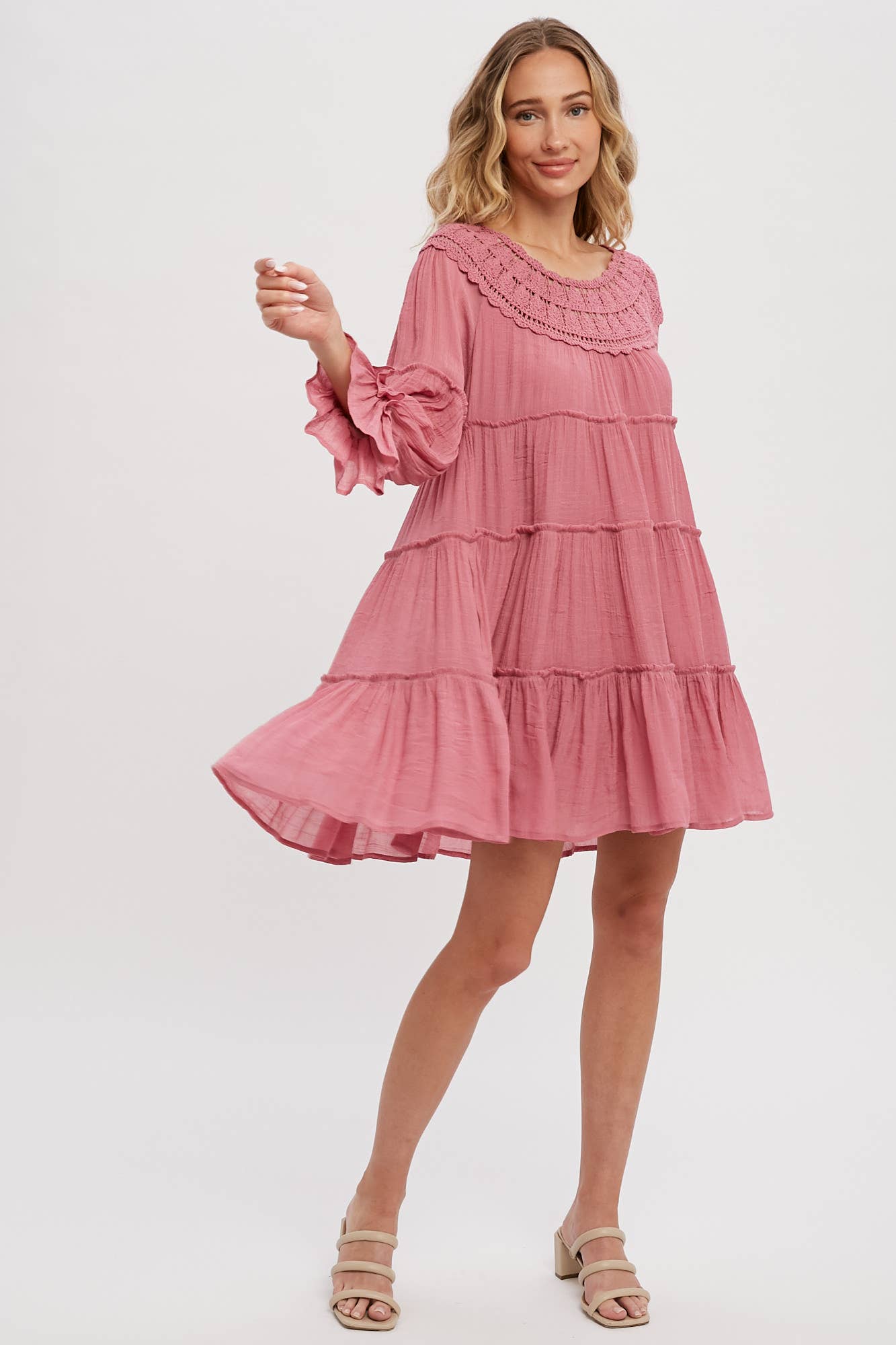 CROCHET TRIM TIERED DRESS