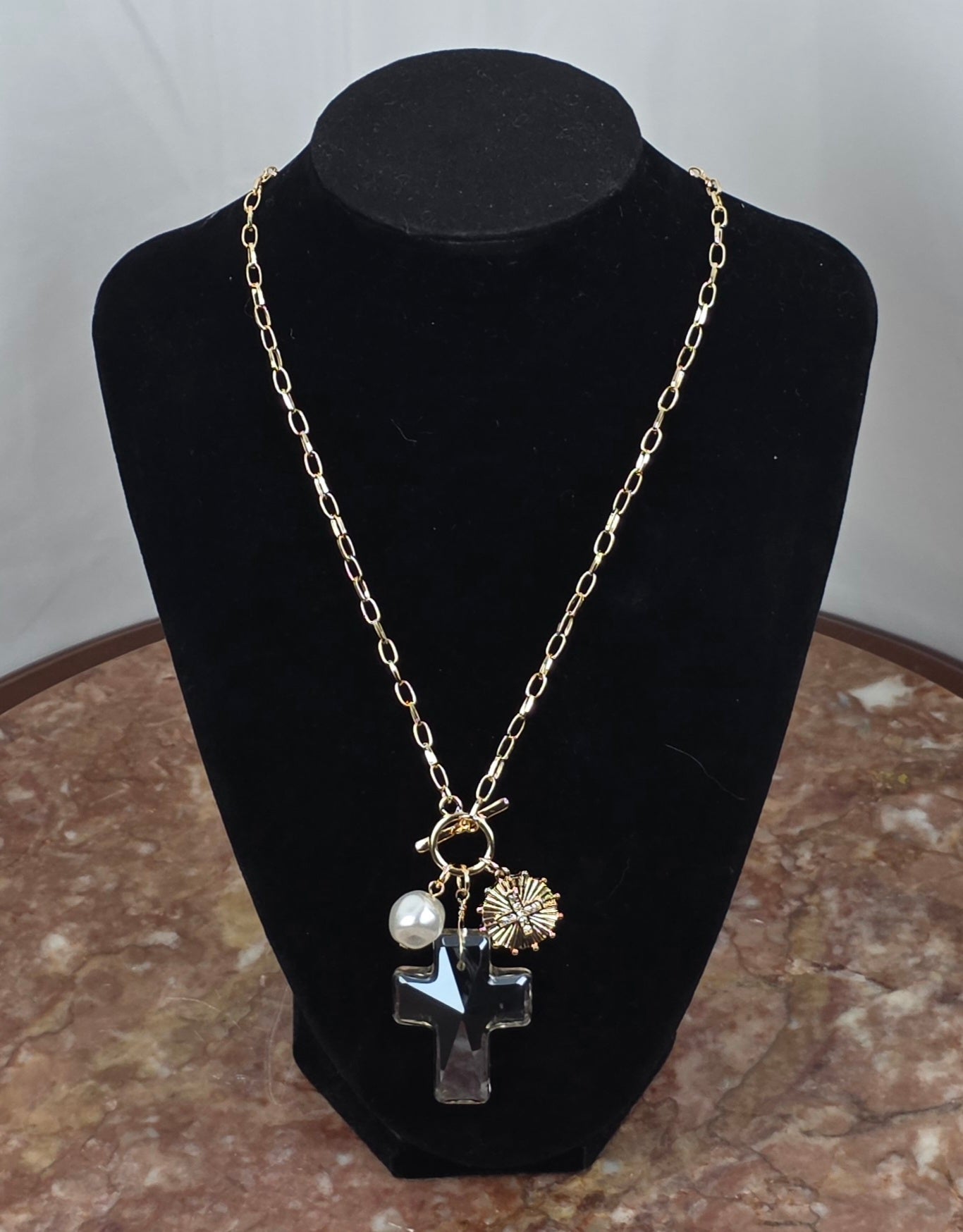 Clear Cross & Pearl Charm Necklace