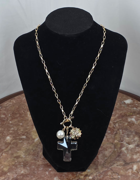 Clear Cross & Pearl Charm Necklace