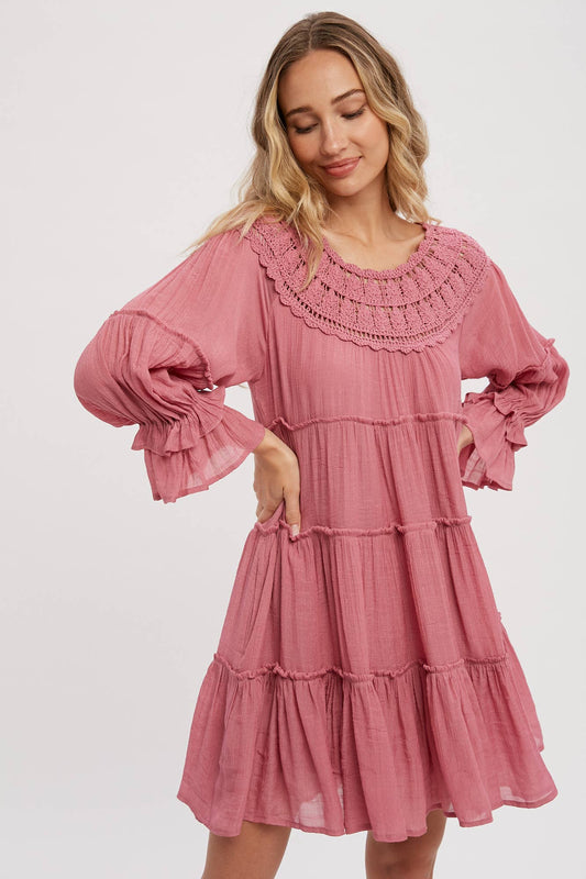 CROCHET TRIM TIERED DRESS