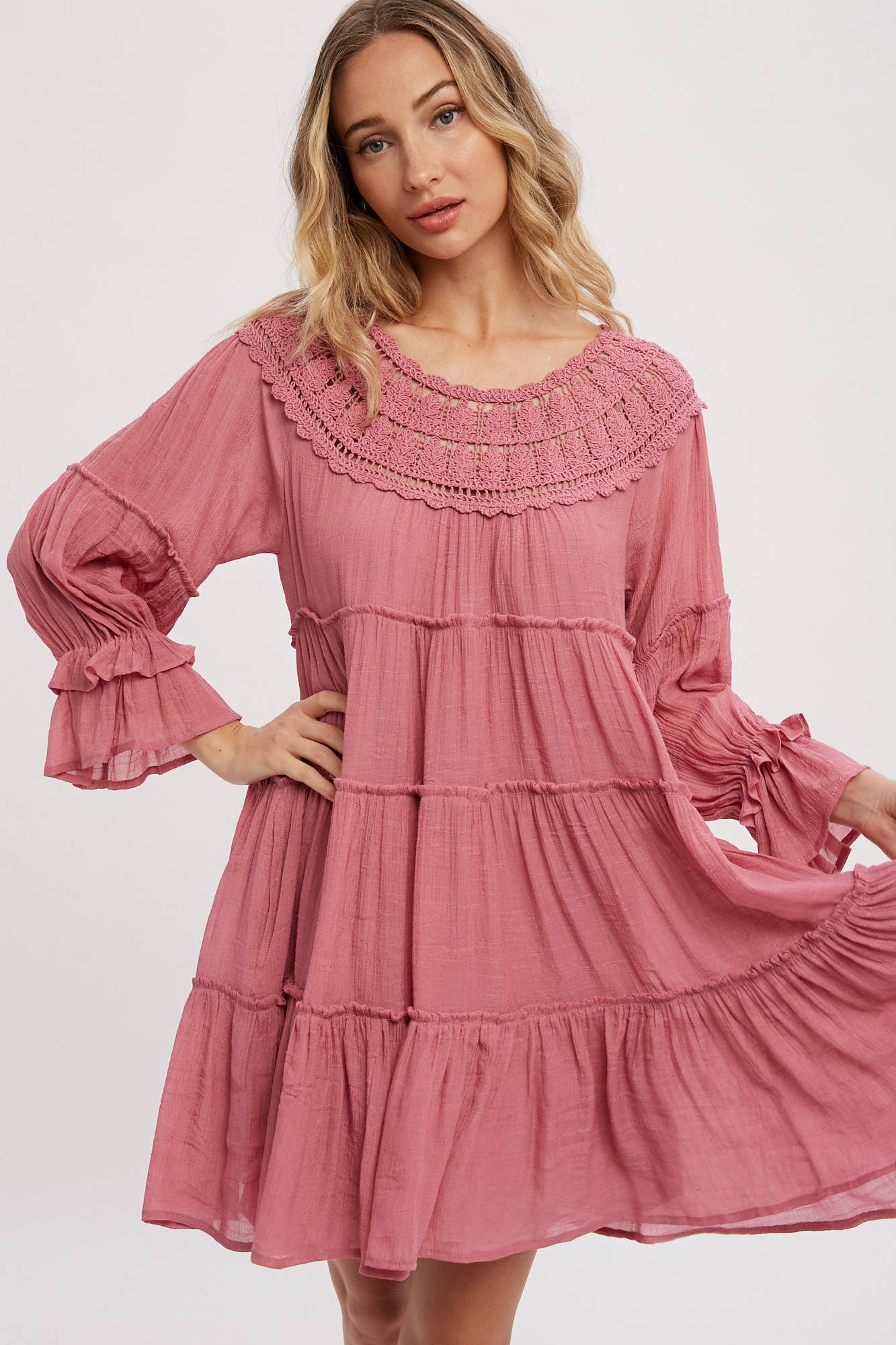 CROCHET TRIM TIERED DRESS