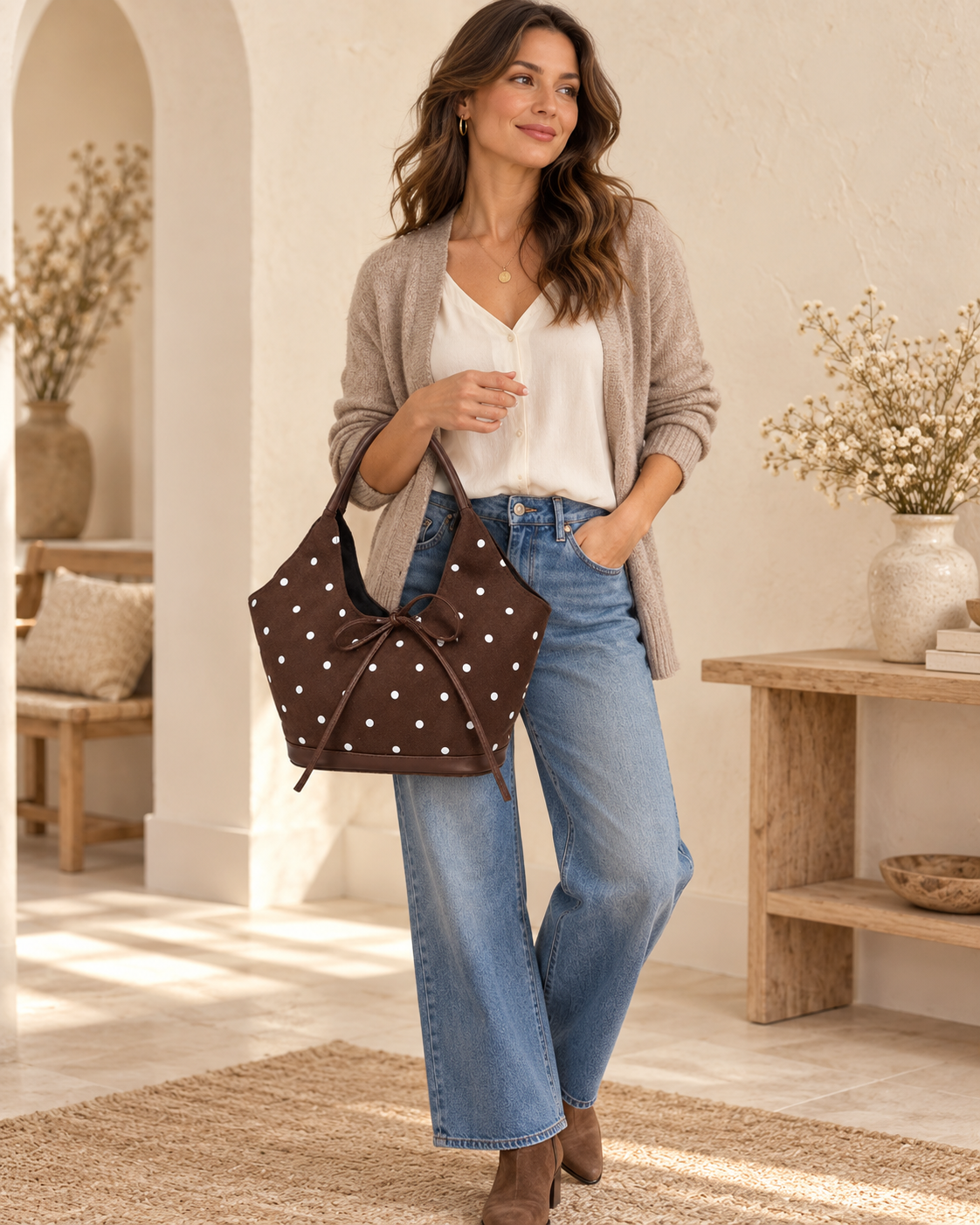 Pretty In Polka Dots Soft Bucket Shoulder Handbag