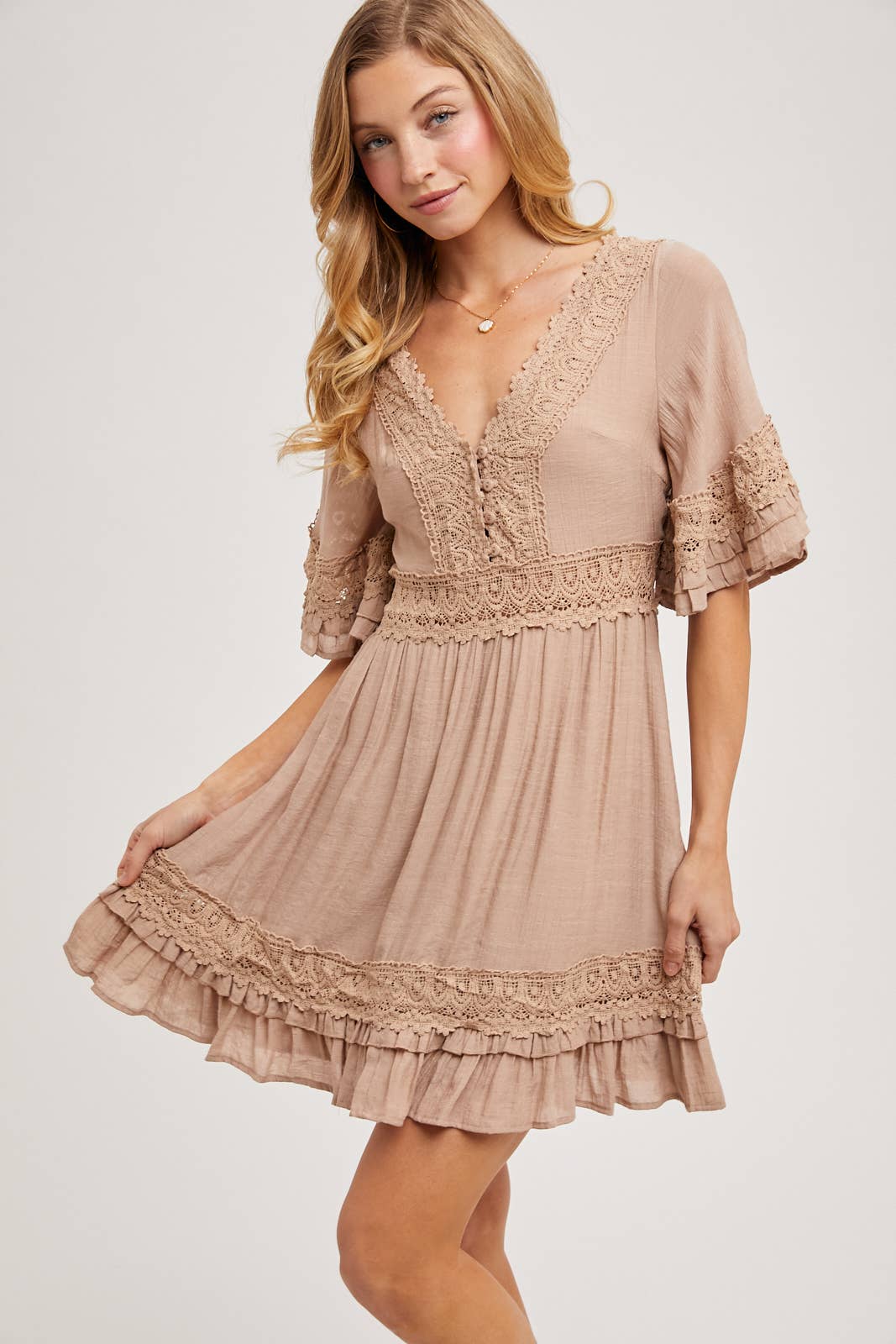 Lace-Trim Ruffle Mini Dress