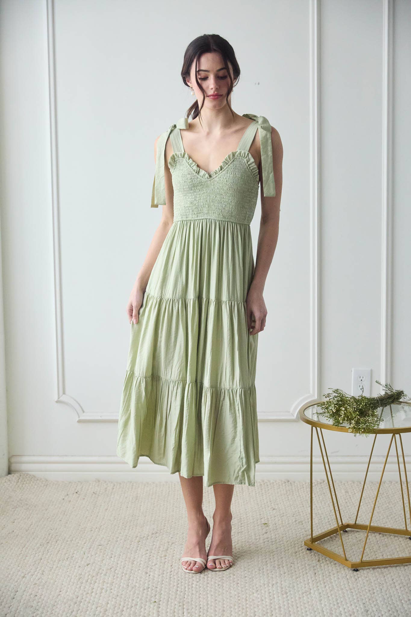 SWEETHEART NECK TIE STRAP SMOCKED TIERED MAXI DRESS