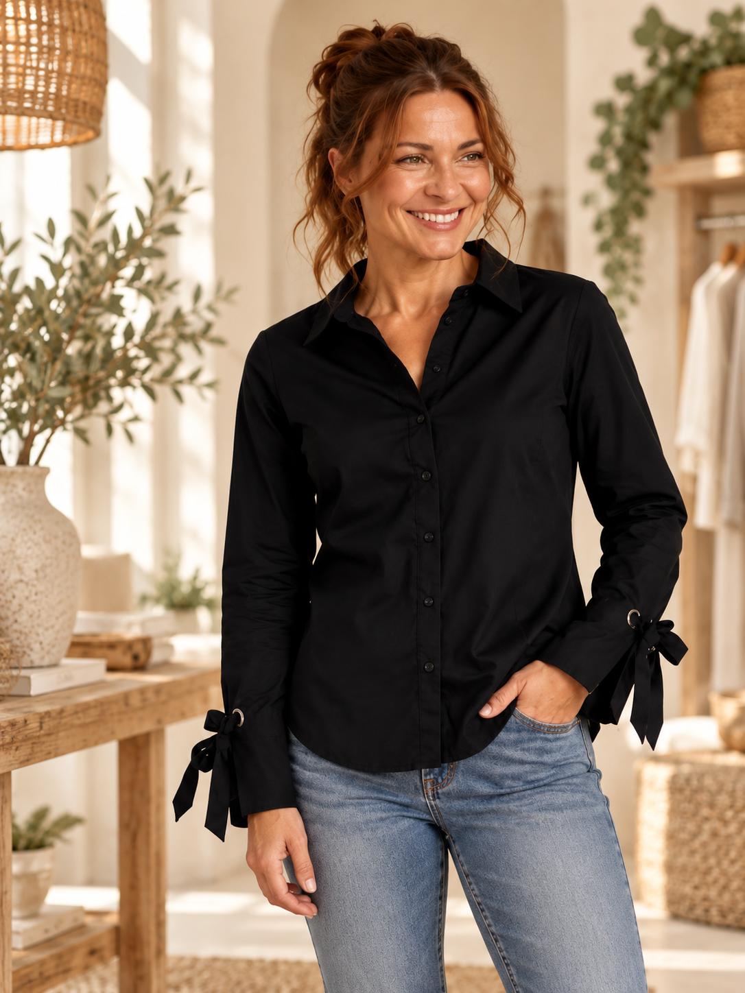 Midnight Charm Bow-Cuff Blouse