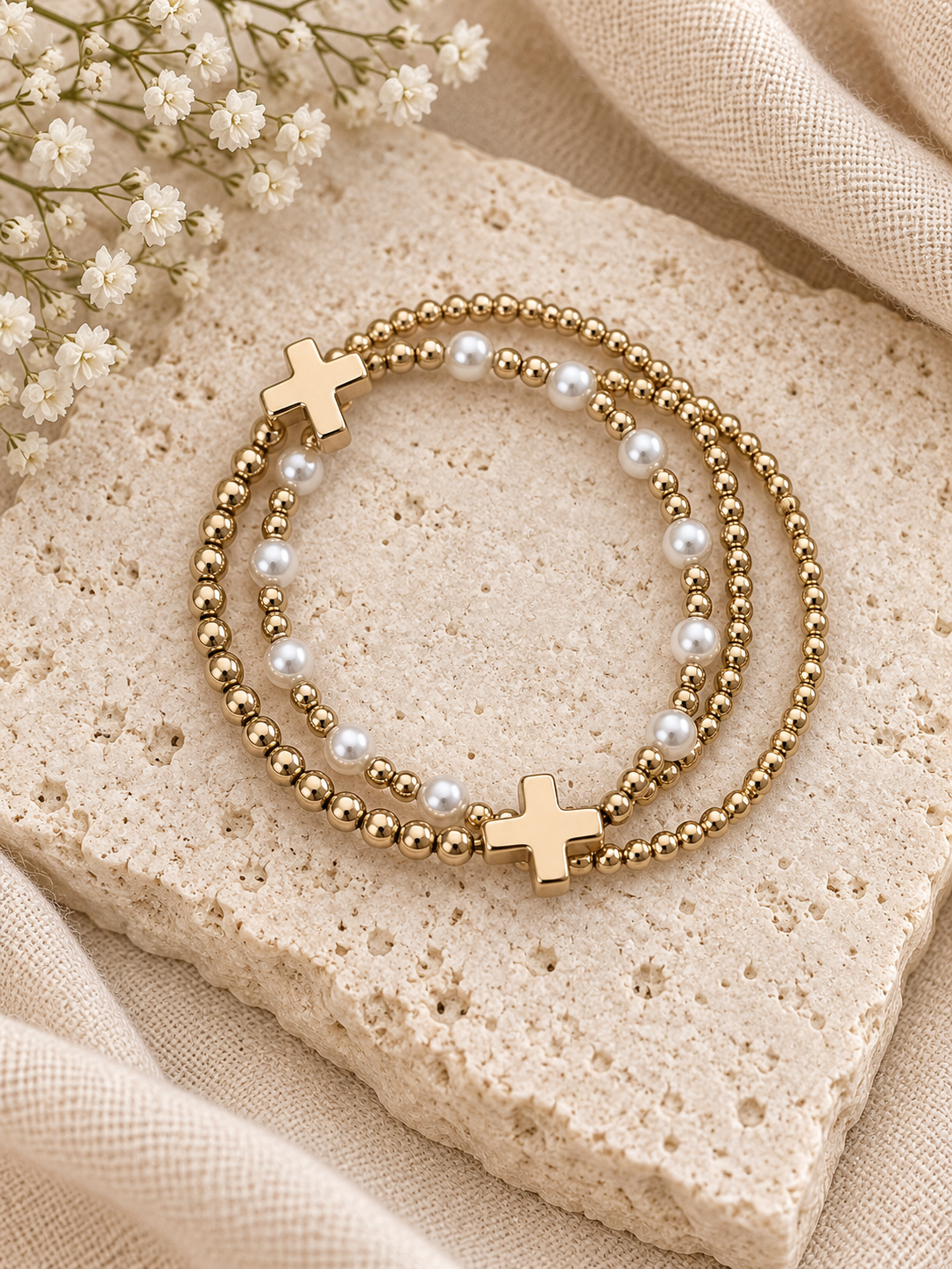 Pearls & Promises Cross Bracelet Stack