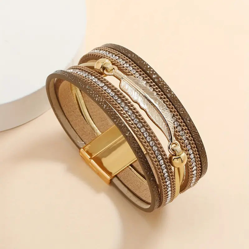 Water Drill Adorned Bracelet With Golden Leaf Charm