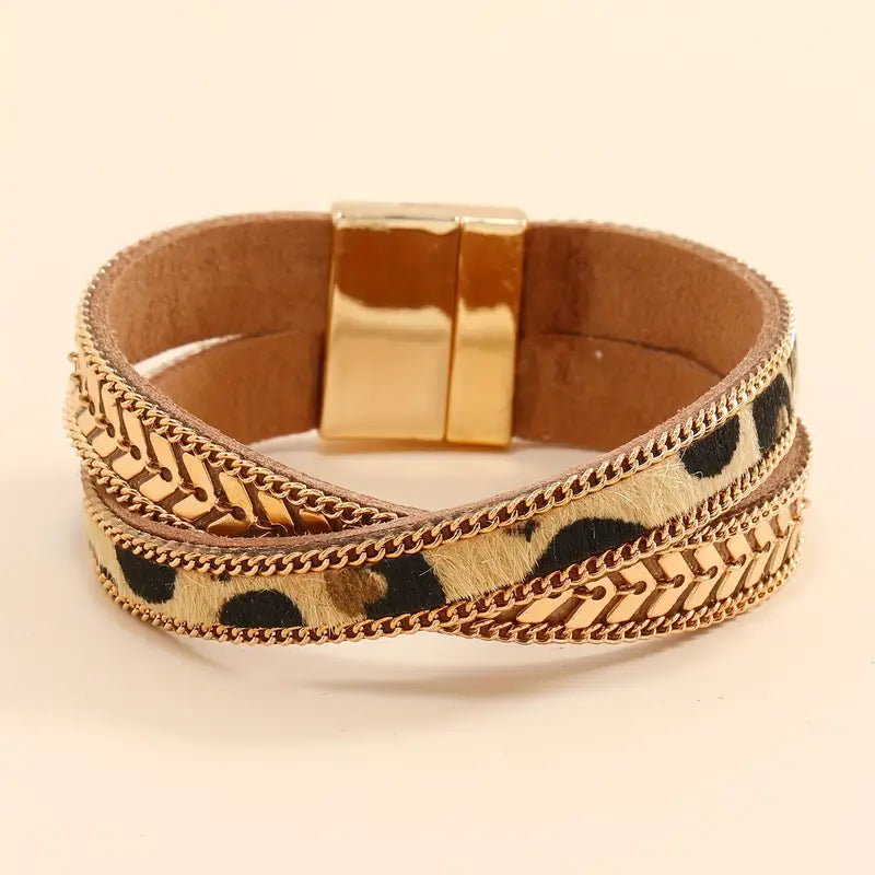 Leopard Print Airplane Chain With Cross Magnet Buckle Combination