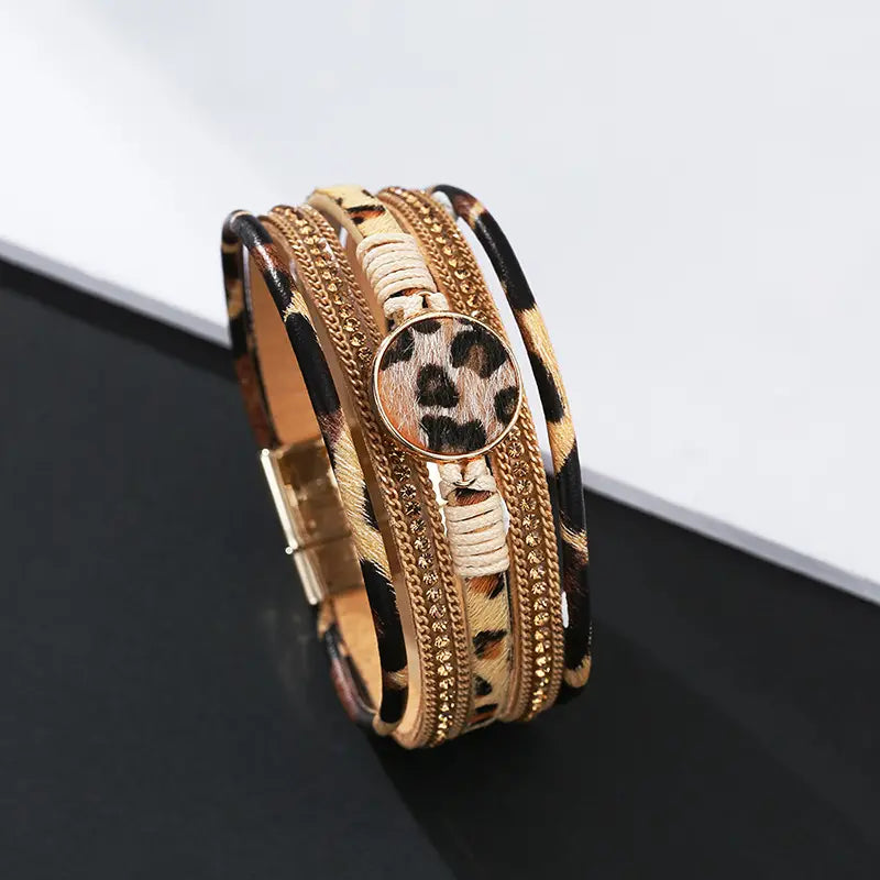 Multilayer Braided Leopard Print Magnetic Button Leather Bracelet
