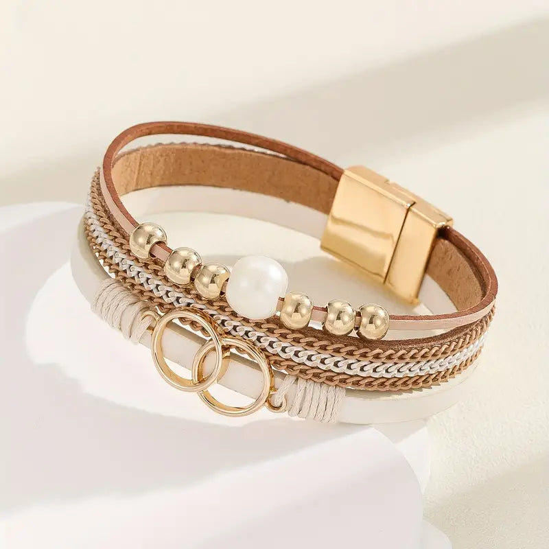 Multi-color Multi-layer Chain & Leather Combination Bracelet