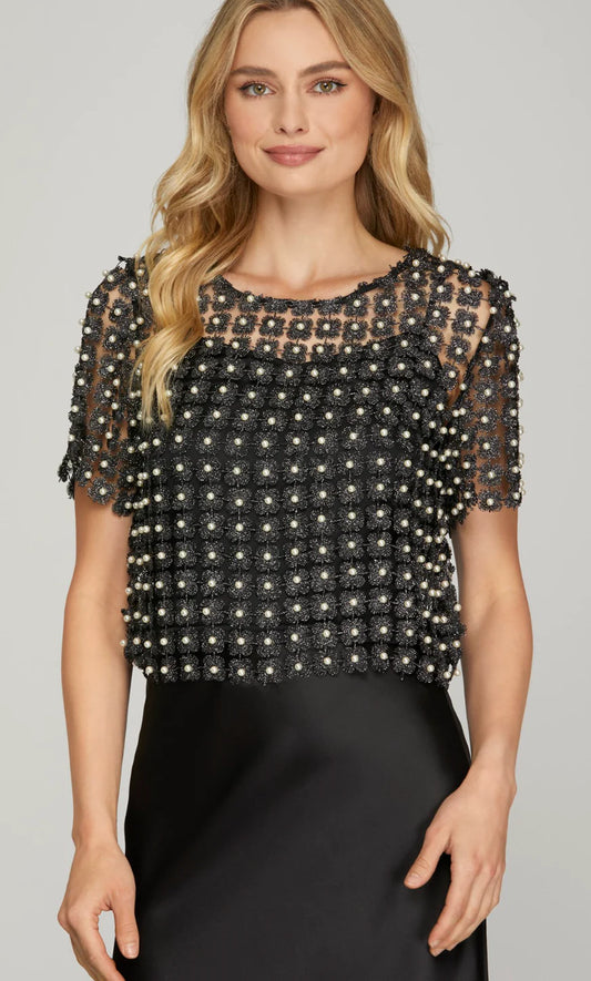 She+Sky Lurex Crochet Lace Pearl Beaded Top