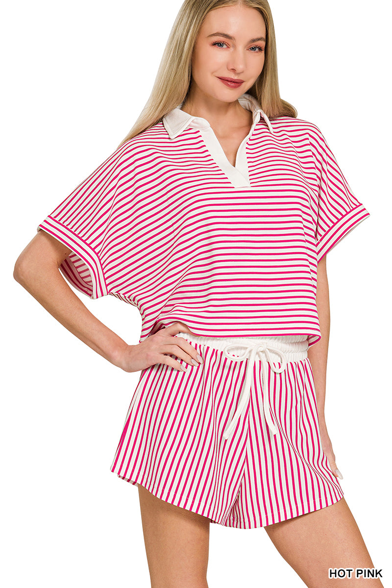 Striped Collared Top & Shorts Set