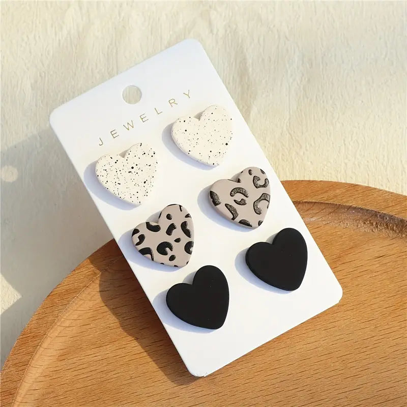 3 Pairs / Set Heart Shape Design Cute Stud Earrings