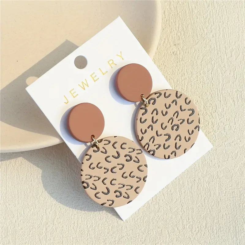 Leopard Pattern Round Brown Dangle Earrings
