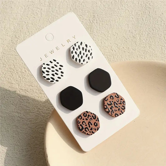 3 Pairs / Set Hexagon Shape Animal Pattern Stud Earrings