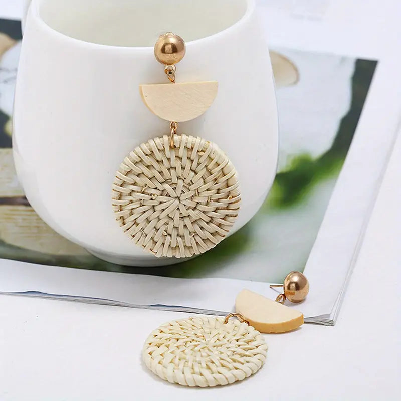 Round Shaped Straw Rattan Half Round Wood Dangle Earrings