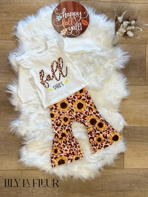 "FALL VIBES" Flutter Sleeve T-Shirt Flared Sunflower Print Pant Set