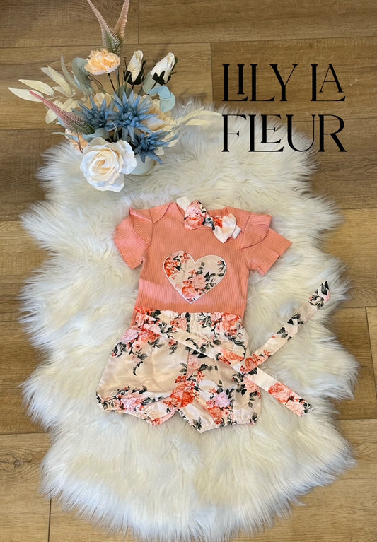 Floral heart embroidered set with matching hair bow