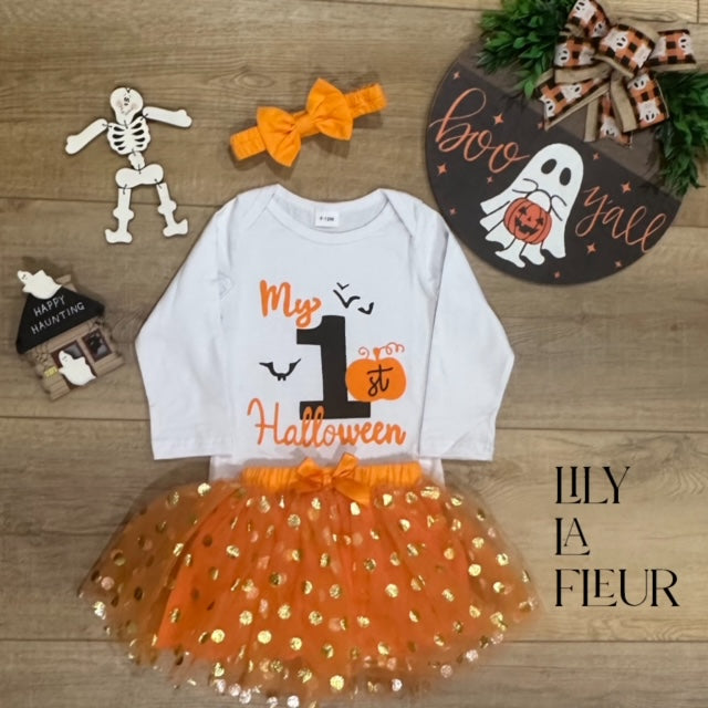 3pcs Baby Infant Girls Cute "My 1st Halloween" Long Sleeve Onesie & Polka Dot Mesh Skirt & Headband Set Clothes