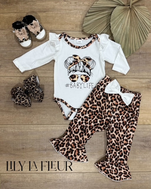 Leopard Print Romper with Flare Leg Pant and Bow #BABYLIFE