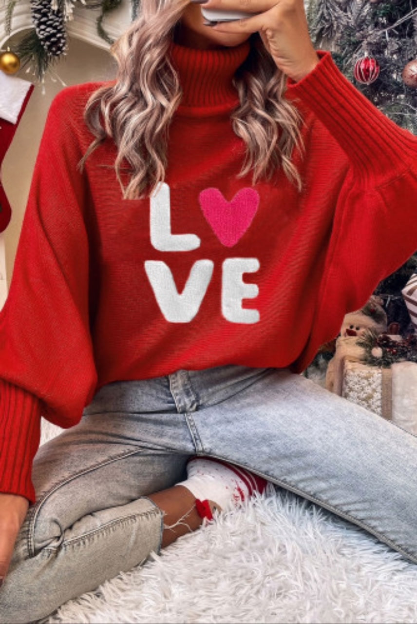 Racing Red Love Letter Print Turtleneck Batwing Sleeve Sweater