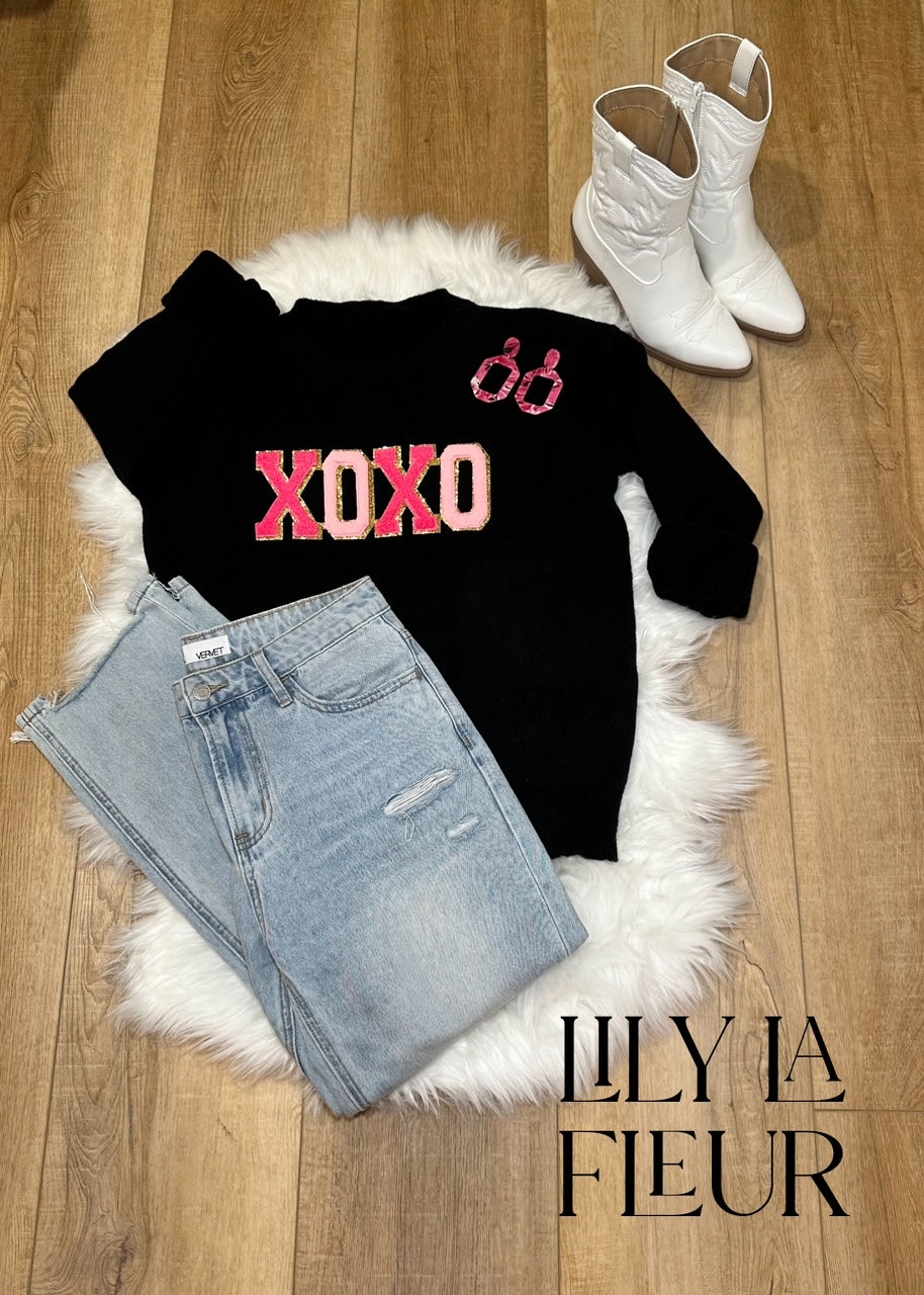 Black XOXO Chenille Letter Round Neck Casual Sweater