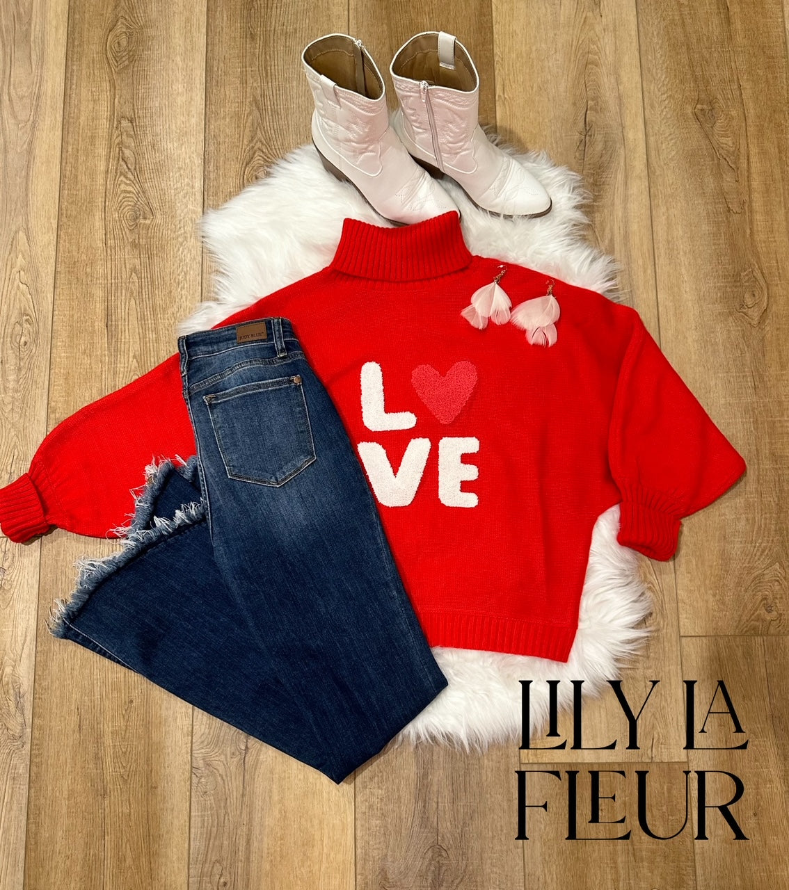 Racing Red Love Letter Print Turtleneck Batwing Sleeve Sweater