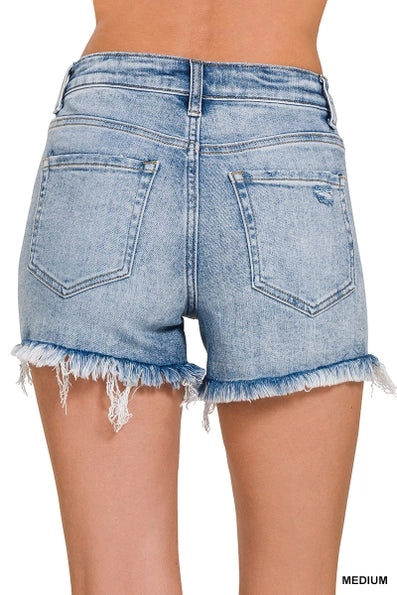Zenana Raw Frayed Hem Ripped Denim Shorts