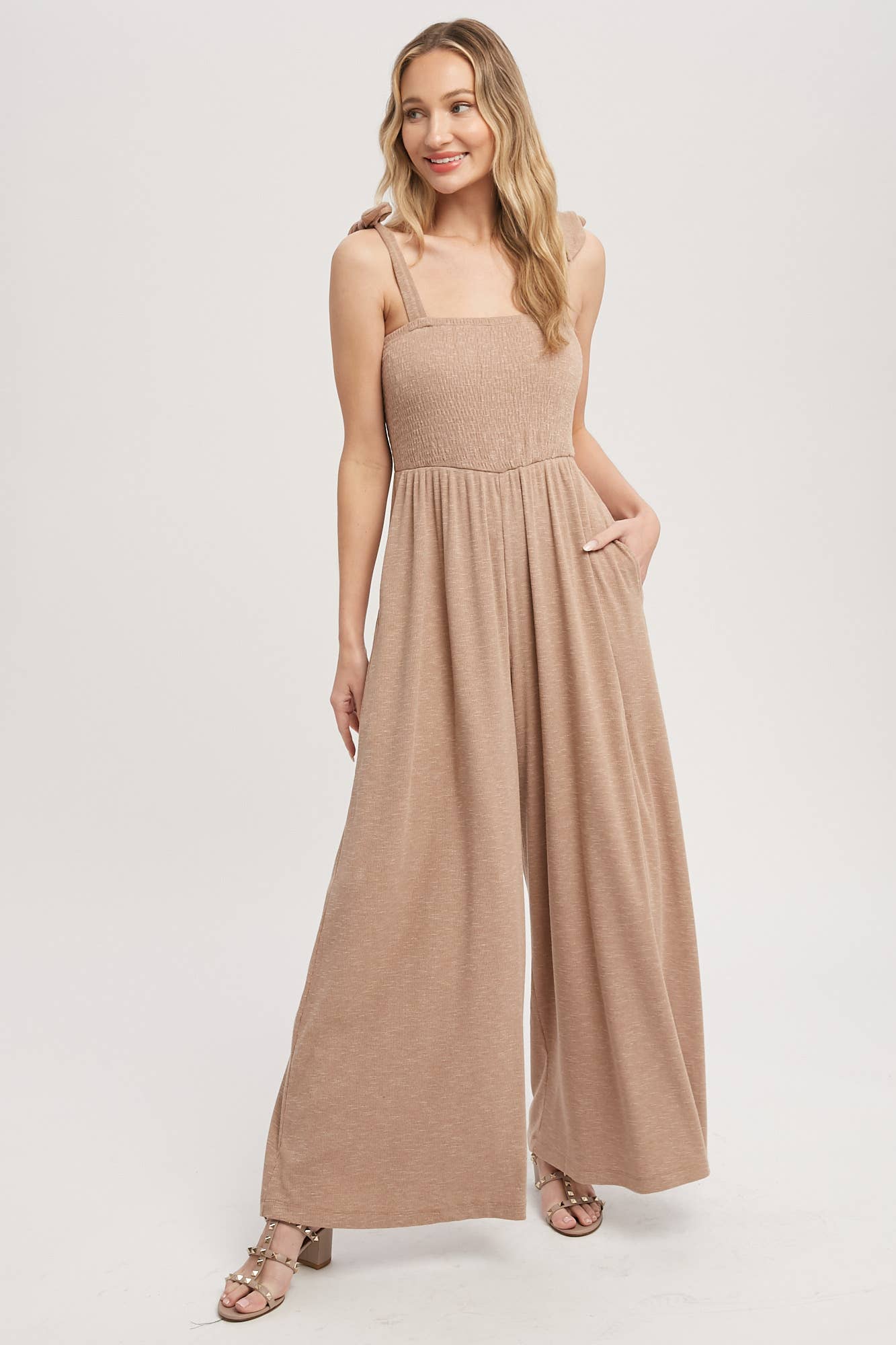 SMOCKED WIDE LEG JUMPSUIT