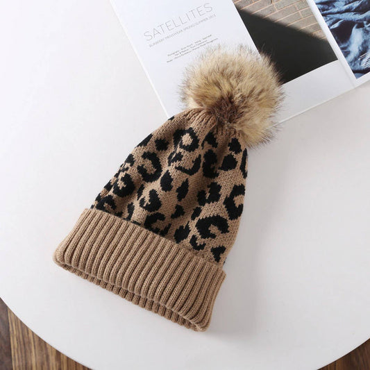Leopard Knit Pom-Pom Beanie