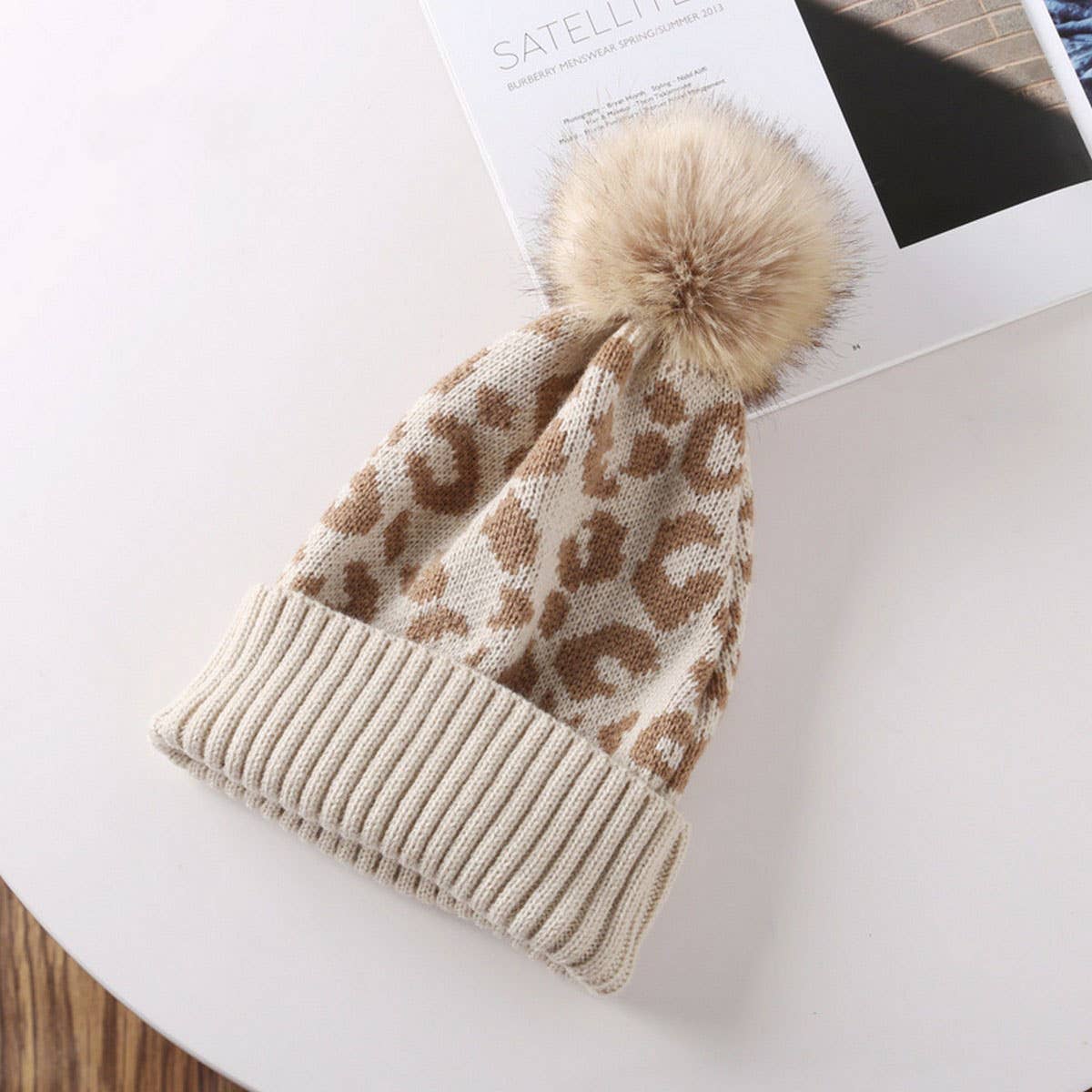 Leopard Knit Pom-Pom Beanie