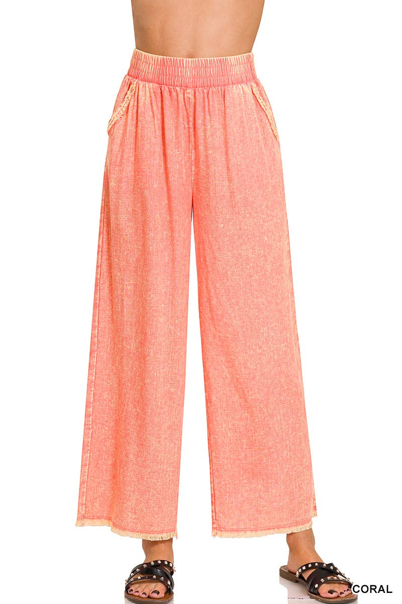 Zenana Washed Linen Frayed Hem Elastic Band Waist Pants