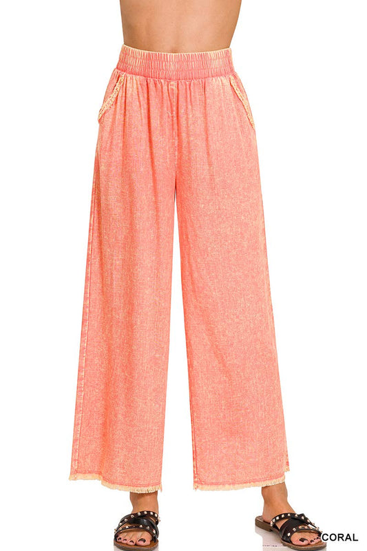 Zenana Washed Linen Frayed Hem Elastic Band Waist Pants