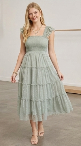 POLKA DOT CHIFFON SMOCKED TIERED MIDI DRESS