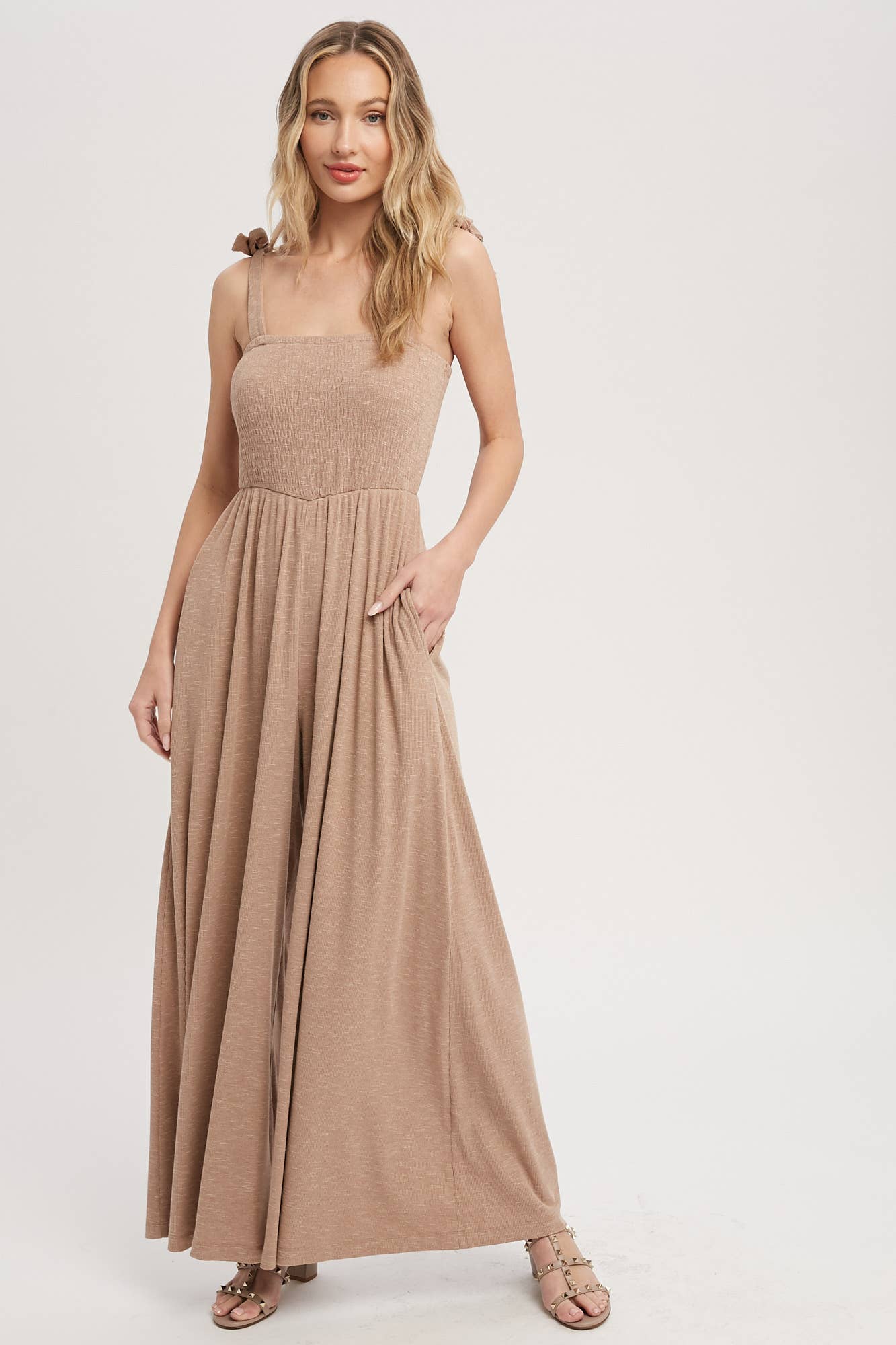 SMOCKED WIDE LEG JUMPSUIT