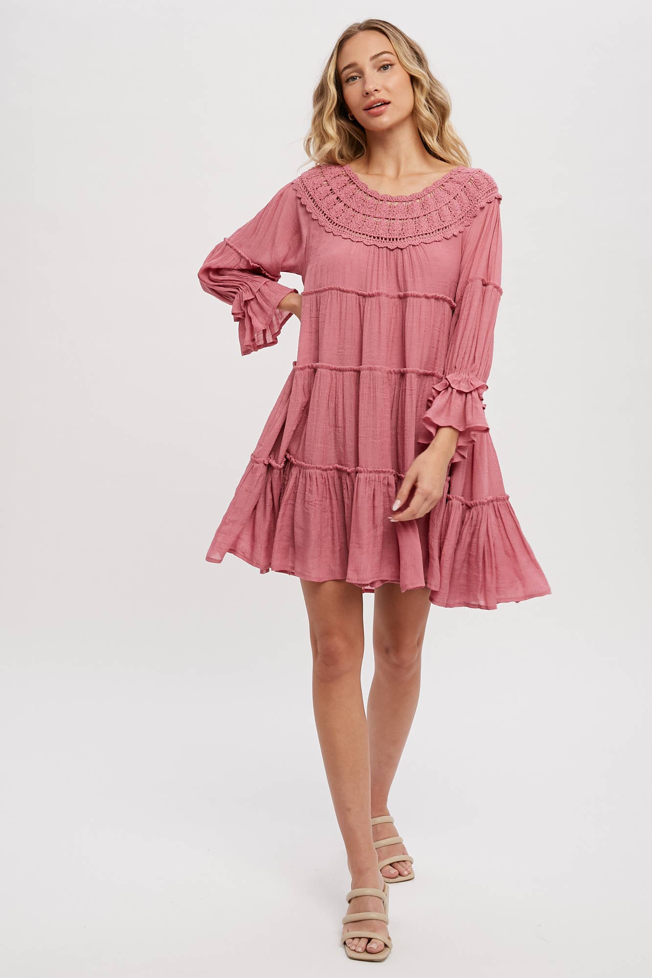 CROCHET TRIM TIERED DRESS