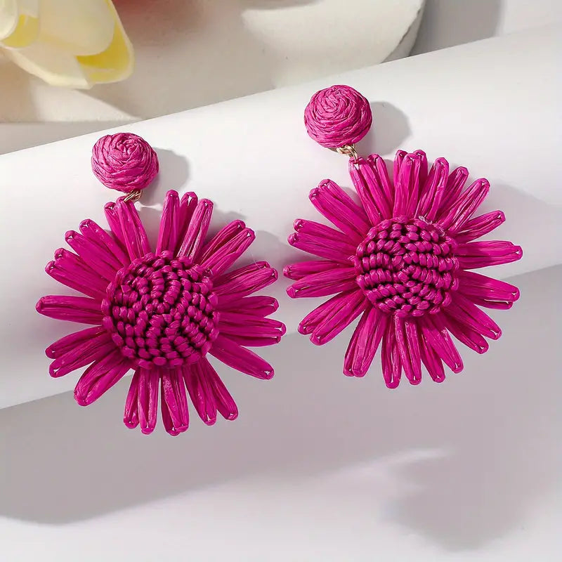 Boho Vacation Style Hand-woven Raffia Sun Flower Dangle Earrings - 2 colors