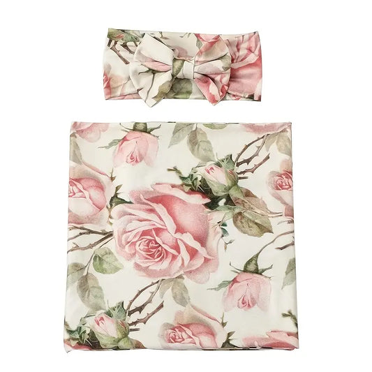 Rose Floral Swaddle Blanket with Headband