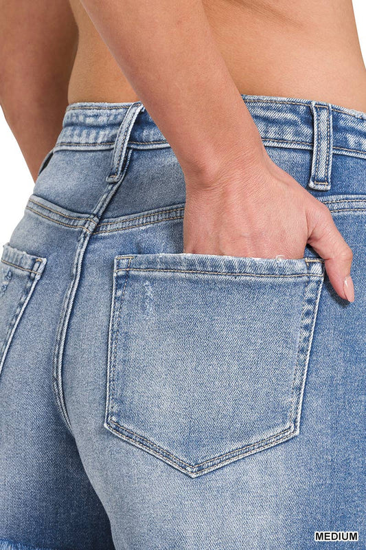 Zenana Distressed Mid Rise Frayed Hem Denim Shorts