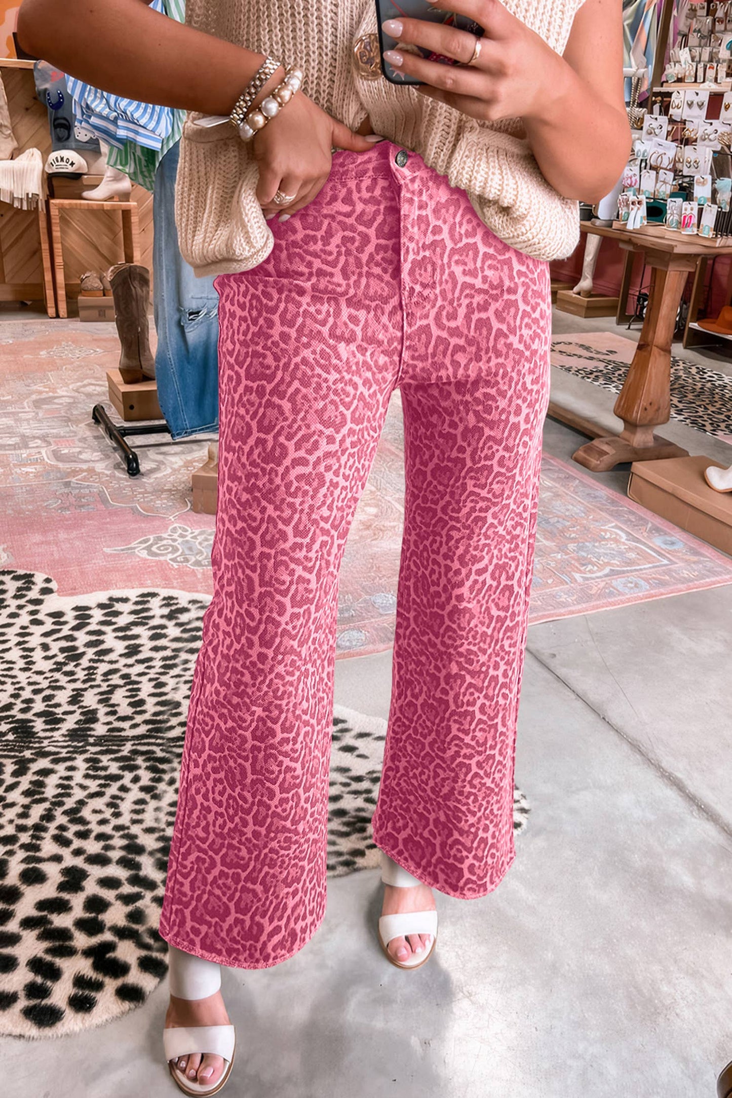 Western Leopard Frayed Edge Wide-Leg Jeans