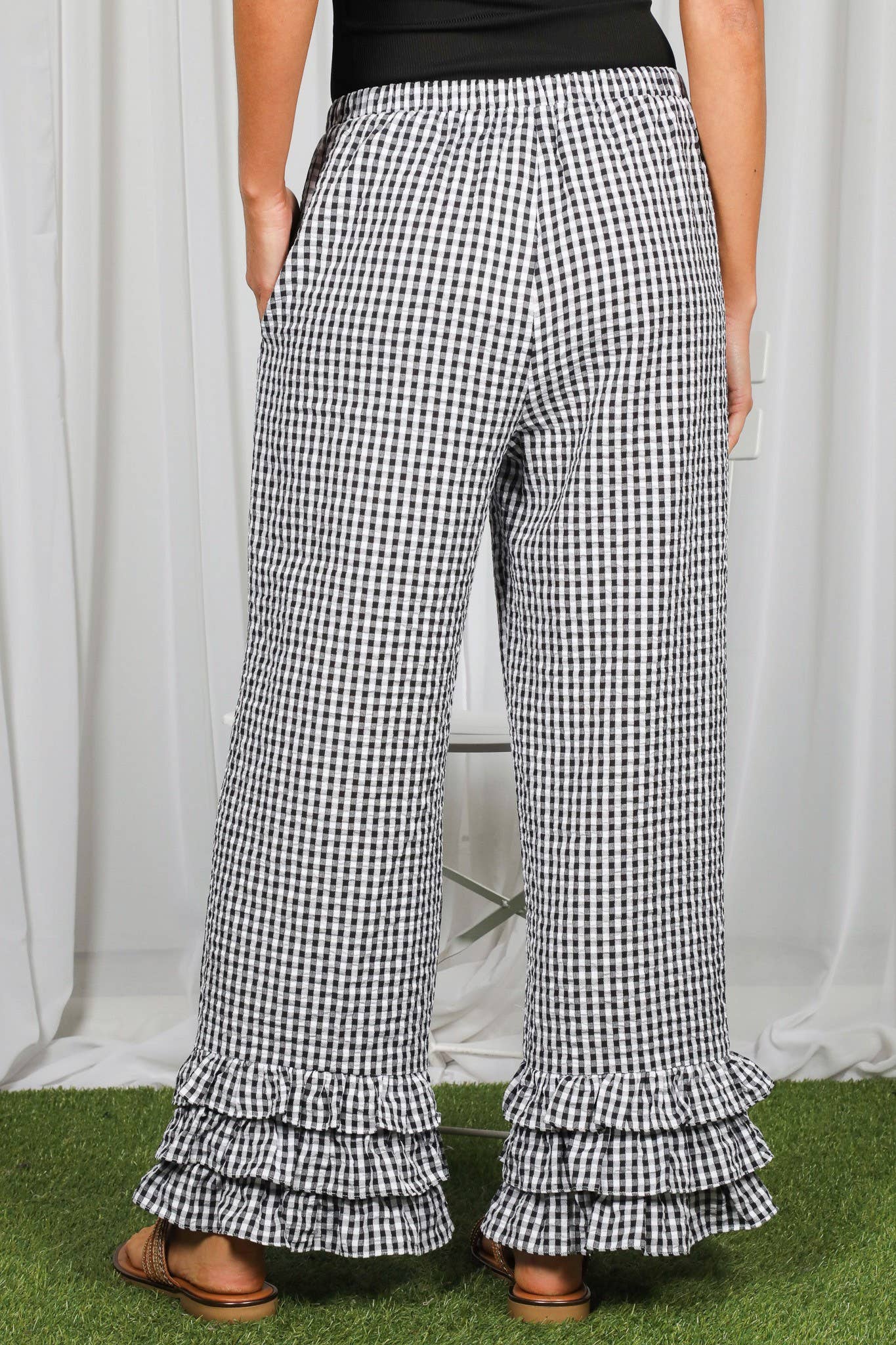 Gingham Layered Ruffle Hem Cropped Pants