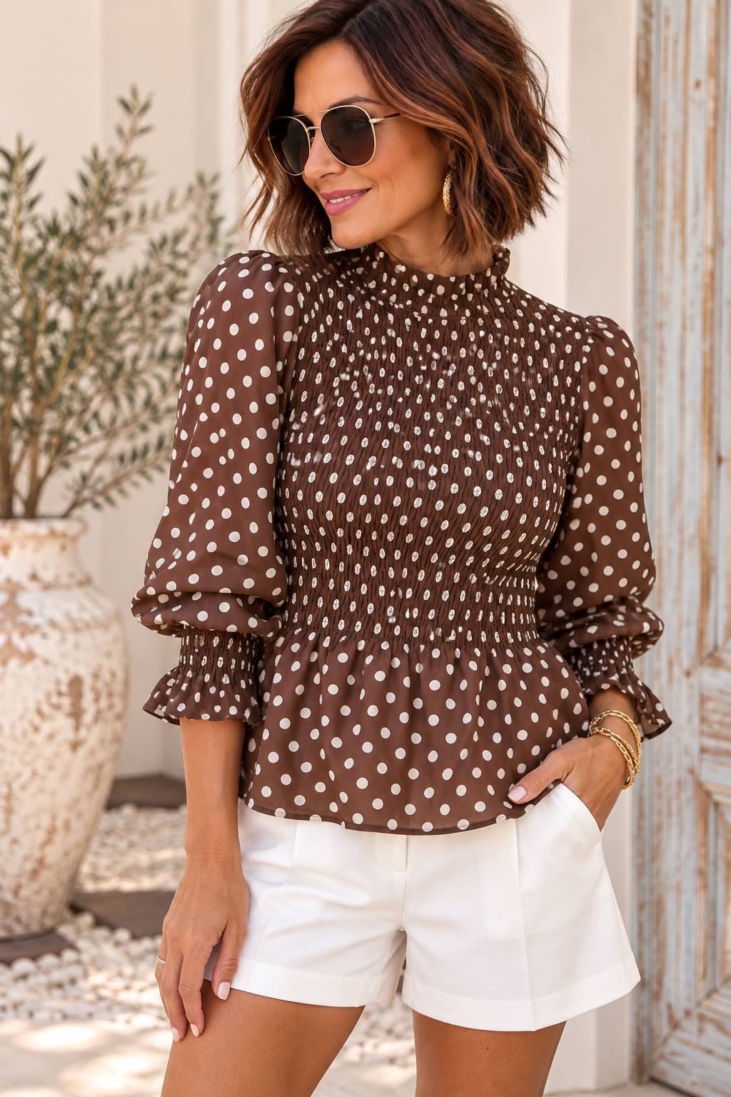 Mocha Dot Ruffled Mock Neck Blouse