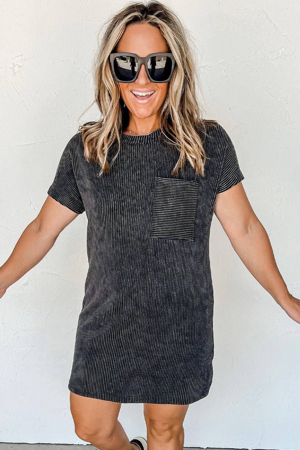 Mckenna Striped Ribbed Knit T-shirt Shift Dress
