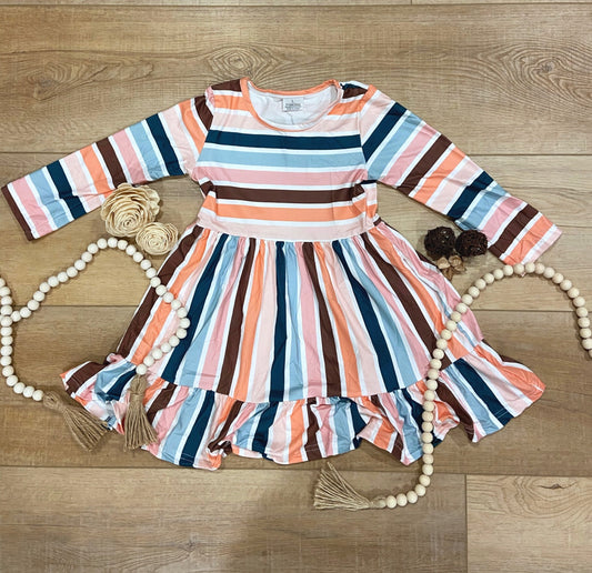 Pink Blue Stripe Ruffle Girl Twirl Dress