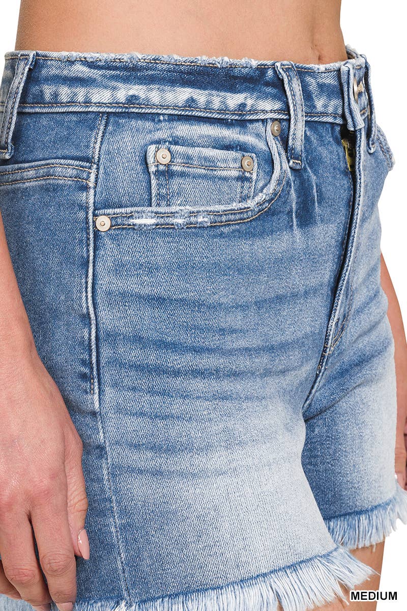 Zenana Distressed Mid Rise Frayed Hem Denim Shorts