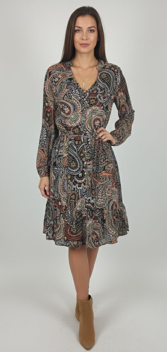 Paisley Long Sleeve Dress w Ruffle Hem & Tie Belt