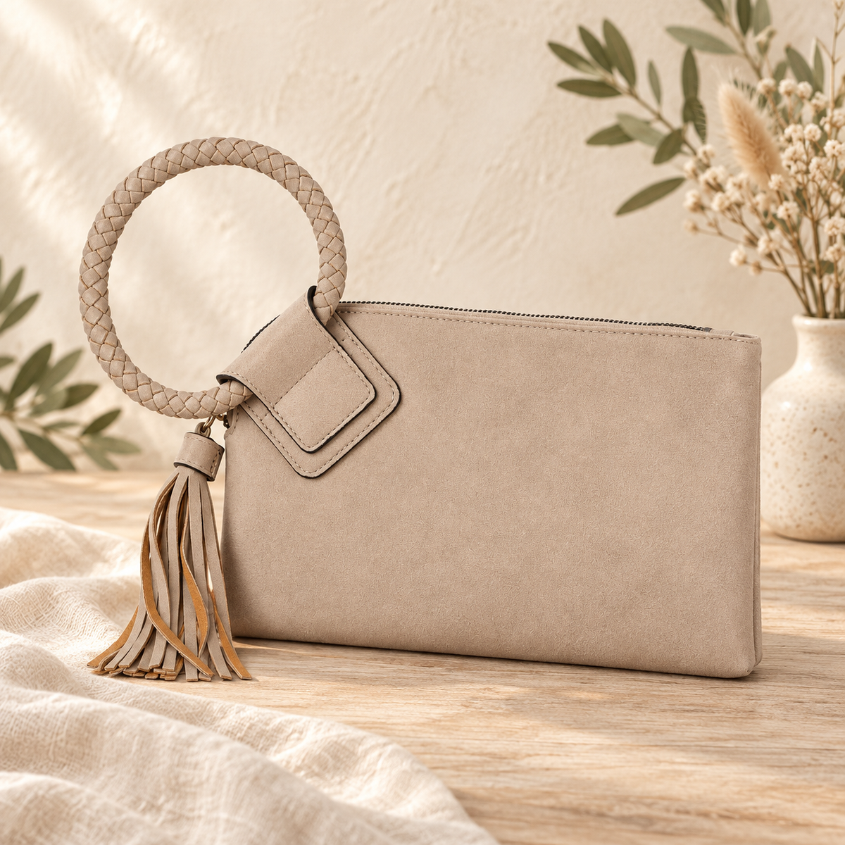 Braided Ring Handle Wristlet Clutch