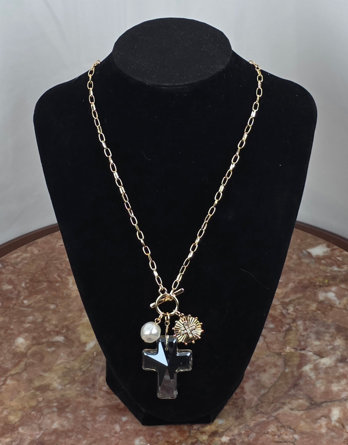 Clear Cross & Pearl Charm Necklace