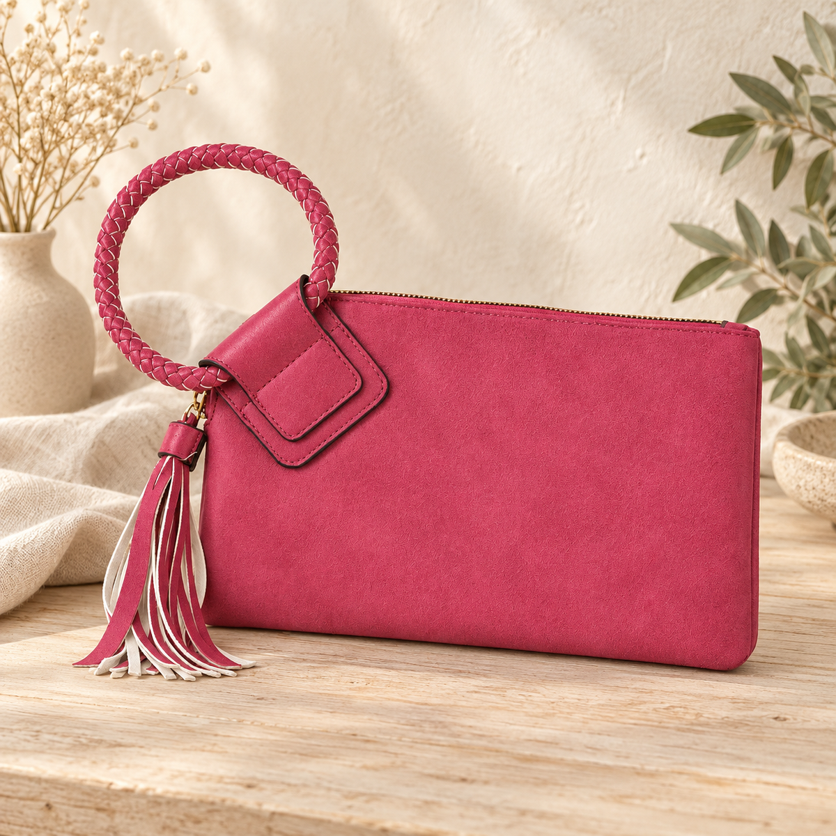 Braided Ring Handle Wristlet Clutch